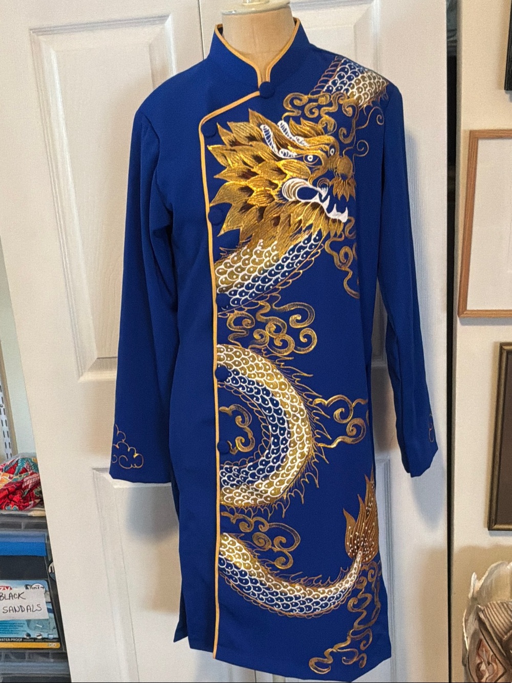 Ao Dai Traditional Embroidered Dragon Mandarin Coat in Royal Blue